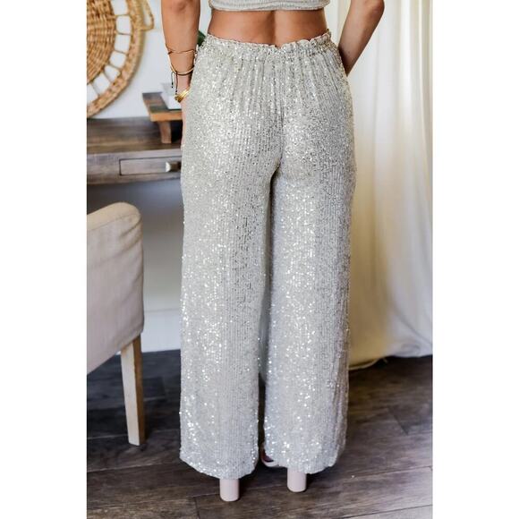 The CeCe Silver Sequin Pants Straight Leg Elastic Waist Band Stretchy Medium - Picture 4 of 15